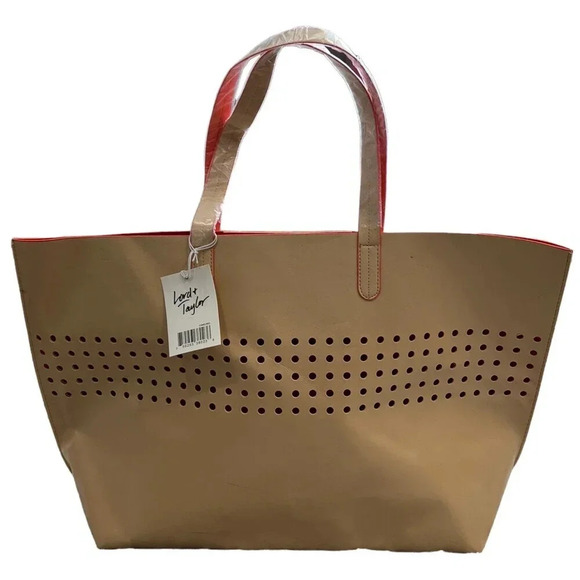 Lord & Taylor Beige Perforated Large Tote - Picture 1 of 9